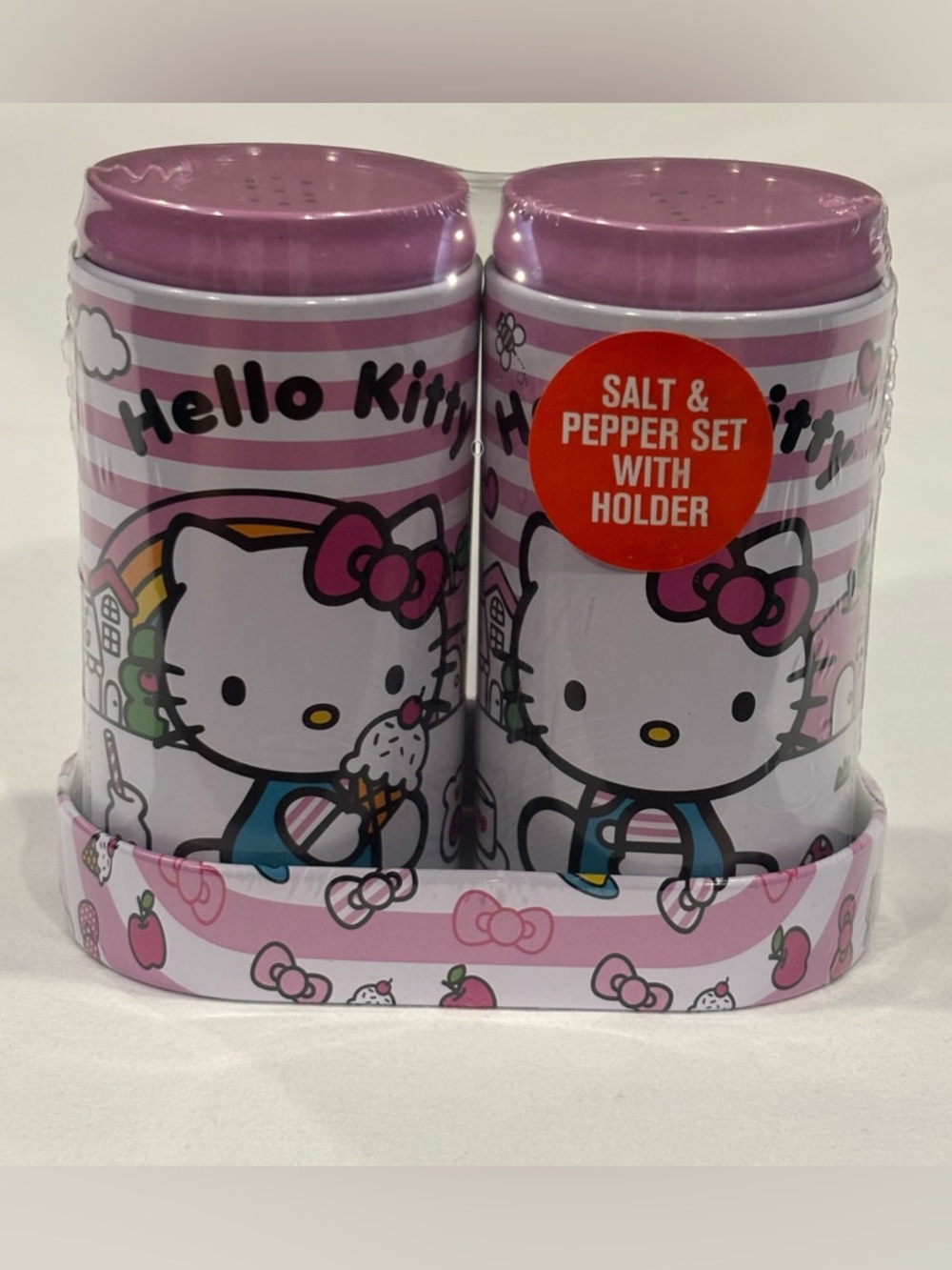 Sanrio Hello Kitty Salt And Pepper Shaker Set With Holder – Pink Tin Metal New